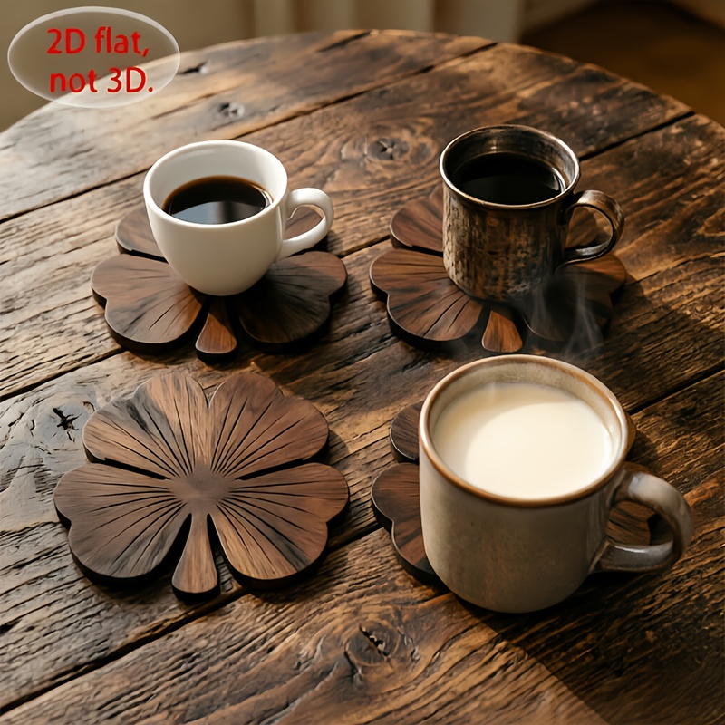 4Pcs 2D Flat Clover Wooden Coa - Coffee Tea Catering recension och pris